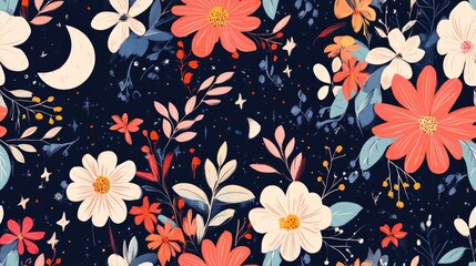 Floral and Lunar Fabric Pattern Background
