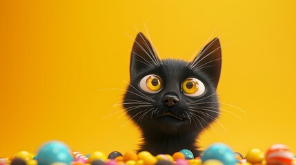 Smiling Black Cat and Candy with Free Copy Space on Bright Yellow Background