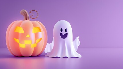 Smiling Jack-o'-lantern and Ghost with Free Copy Space on Pastel Purple Background