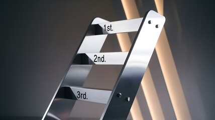 Close-up of metallic ladder with steps labeled "1st," "2nd," and "3rd" representing wealth ranking, minimalist design for financial success and social status concepts