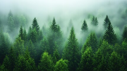 Fototapeta premium Misty Spruce Forest with Tall Trees Disappearing into Fog