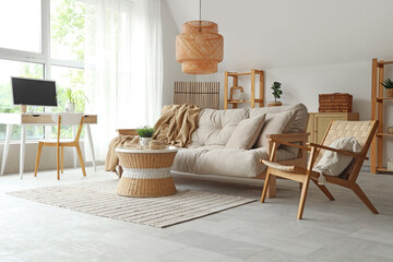 Sofa, armchair, round table with houseplant and case on wicker tray in interior of living room