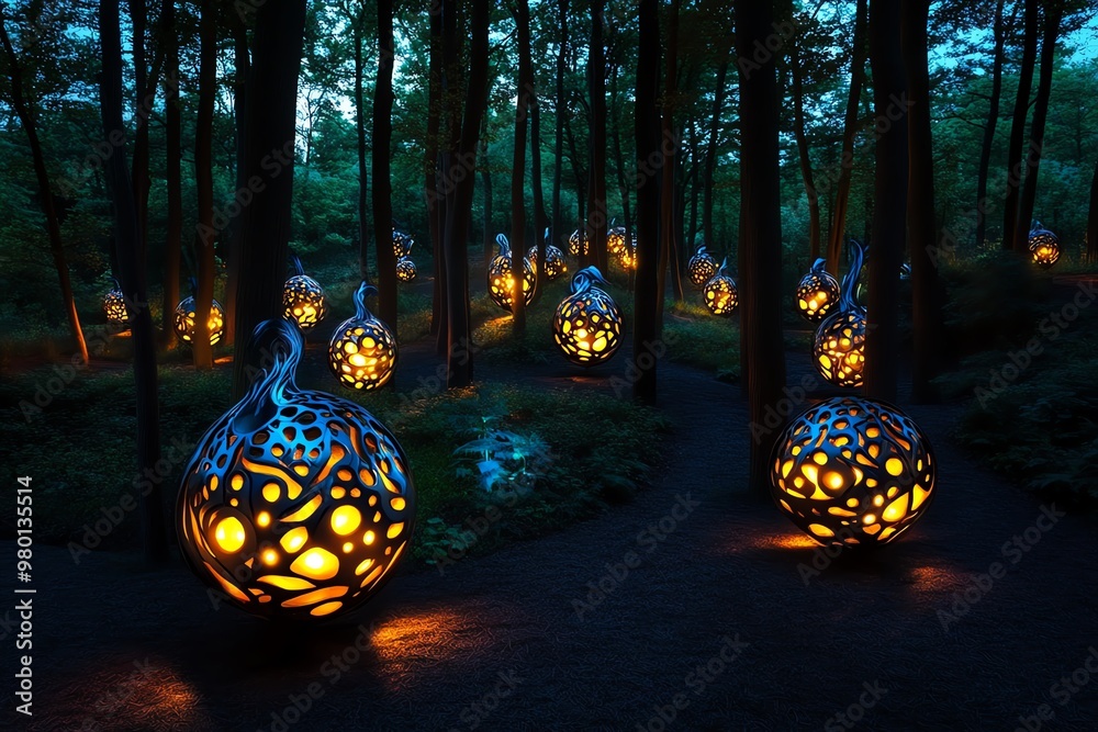 Poster a magical forest at dusk, where glowing orbs of light hover among the trees, and mythical creatures 