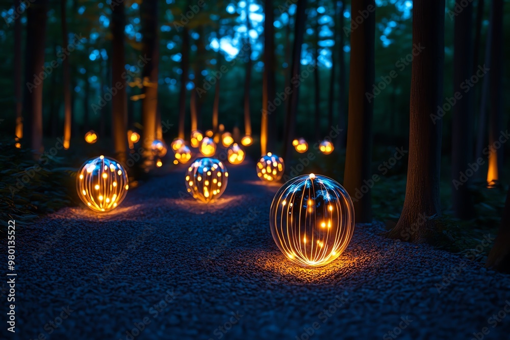 Poster a magical forest at dusk, where glowing orbs of light hover among the trees, and mythical creatures 