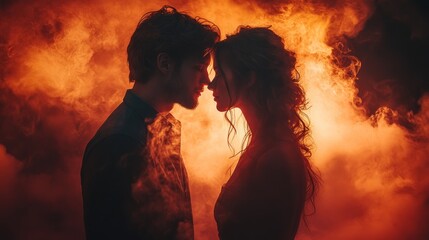 A couple in love, with golden smoke, looking at each other in a dark room, dramatic effect