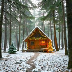 Acogedora cabaña en medio del camino rodeada de pinos de bosque y nieve