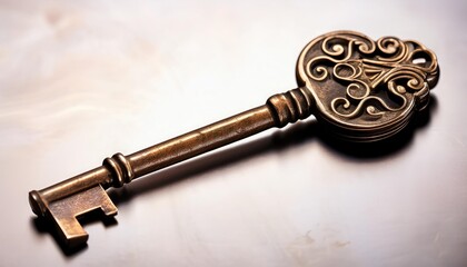 Isolated vintage key with depth of field showcasing intricate details and aged patina