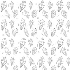 Seamless pattern with ice cream cones, and popsicles on a white background. Summer dessert theme for design and print.