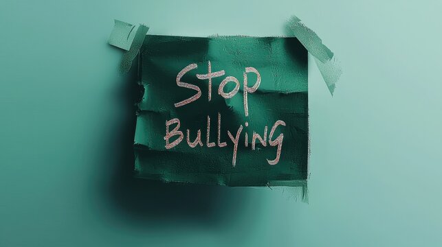 Anti bullying action: text stop bullying, call to end harmful behavior, promote kindness and respect, importance of standing up against intimidation and fostering a safe, supportive environment