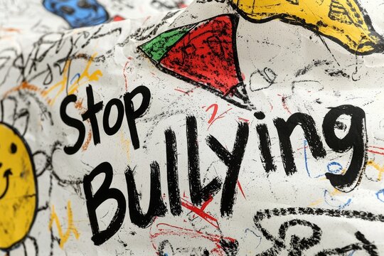 Anti bullying action: text stop bullying, call to end harmful behavior, promote kindness and respect, importance of standing up against intimidation and fostering a safe, supportive environment