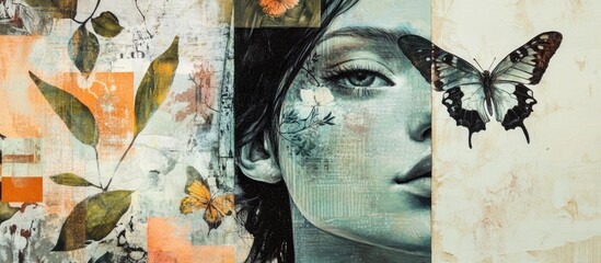 Whimsical Portrait of a Woman with Butterflies and Floral Accents in Mixed Media Art