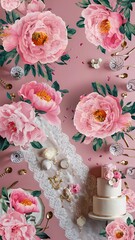 Fototapeta premium Peony flowers in bloom as floral art on pink background, wedding flatlay and luxury branding design