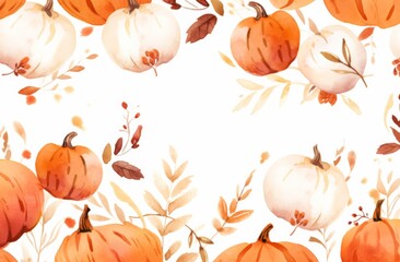 eamless Watercolor Pumpkin Pattern: Enchanting Fall Design with Warm Oranges, Soft Browns, and Gentle Greens Against a White Background.

