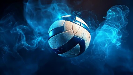 A dynamic volleyball moment captured during an intense match with vibrant blue effects and an energetic atmosphere