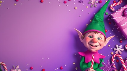 Smiling Elf and Candy Cane with Free Copy Space on Bright Purple Background
