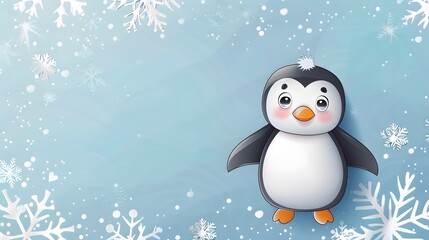 Obraz premium Cute Penguin and Snowflakes with Free Copy Space on Light Blue Background