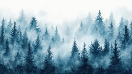 Misty Spruce Forest with Tall Trees Disappearing into Fog