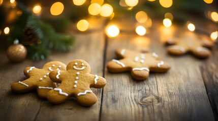Delicious gingerbread man cookies on a rustic wooden table with warm lighting, surrounded by festive holiday decorations, creating a cozy and joyful atmosphere during the holiday season