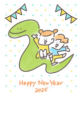 手描きの蛇の背中に乗る子供たちの年賀状　2025