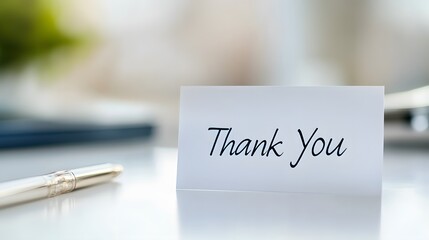 A simple white card with the words "Thank You" written on it in black ink, sitting on a white desk with a pen and a notebook in the background.