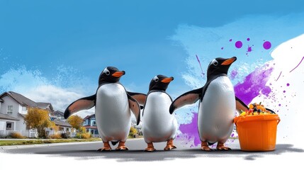 Fototapeta premium Penguin Family Halloween Adventure: Colorful Watercolor Festivities in Neighborhood Trick-or-Treat Scene with Copy Space
