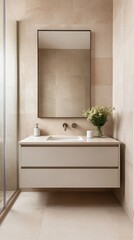 Fototapeta premium Modern bathroom featuring sleek vanity, large mirror, and neutral tones, creating a serene and stylish atmosphere.