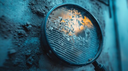 Dust and dirty inside of an air conditioner filter through a magnifying glass.
