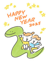 手描きの蛇の背中に乗る子供たちの年賀状　2025