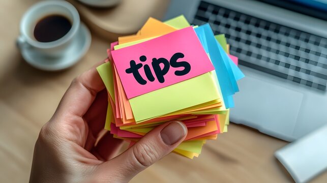 Hand holding a stack of colorful sticky notes with the word "tips" written on a pink note. There is a cup of coffee, a laptop, and a smartphone on a wooden desk.