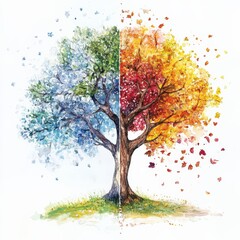 Naklejka premium Watercolor Tree Showing Four Seasons in One Illustration