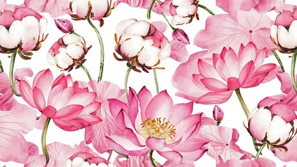 Seamless pattern with watercolor cotton flowers, pink florals and lotus boxes, hand painted on a white background