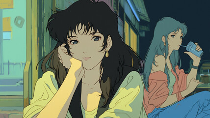 70年代、80年代のシティポップを意識した女性のアニメ風イラスト,レトロポップ,日本人,懐かしい,エモい,J-pop,エモーショナル,チル,背景素材