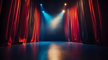 Empty Theater Stage Under Dramatic Spotlight.