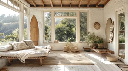 Serene sunroom with large windows overlooking Northern California mountains, featuring vintage surfboard, linen accents, and potted plants for a coastal vibe.