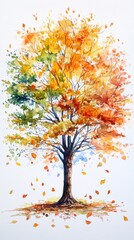 Watercolor Tree Showing Four Seasons in One Illustration