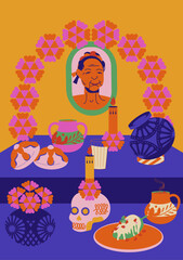 Ilustración de ofrenda altar mexicano en día de muertos. Calaveras, flor cempasúchil, comida, chile relleno, incienso, pan de muerto, fotografías, vela, champurrado,  jarrones Oaxaca. Decoración.