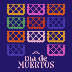 Patron de elementos para festejo de d&iacute;a de muertos,  Papel picado de colores. Moderno y colorido. Poster, template o background.