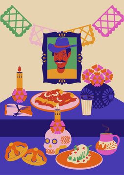 Ilustraci&oacute;n de ofrenda altar mexicano en d&iacute;a de muertos. Calaveras, flor cempas&uacute;chil, papel picado, comida, enchiladas, incienso, pan de muerto, fotograf&iacute;as, vela, s y jarrones Oaxaca. Decoraci&oacute;n.