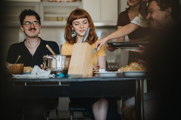 A group of friends gather around a table, sharing a casual meal in a cozy home setting. Warm smiles and good company highlight the relaxed atmosphere.