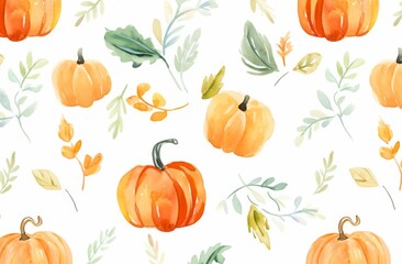 Charming Pattern of Cute Pumpkins and Leaves on a White Background, Perfect for Fall Decor and Seasonal Designs.