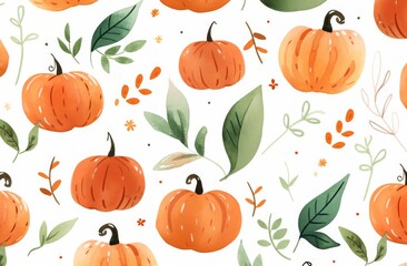 Charming Pattern of Cute Pumpkins and Leaves on a White Background, Perfect for Fall Decor and Seasonal Designs.