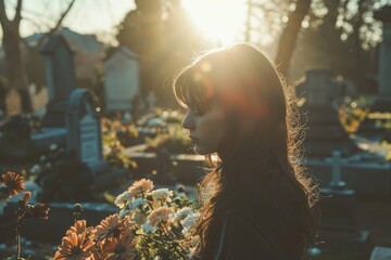 A tender farewell, a peaceful and touching farewell at a funeral, filled with love and respect for the memory of the one who has gone