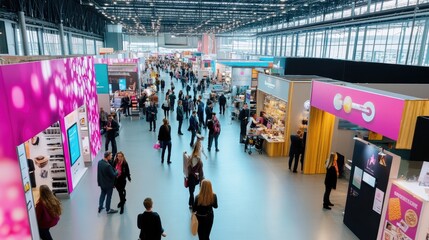 A bustling trade show showcasing vibrant booths and diverse attendees networking in a modern exhibition hall.