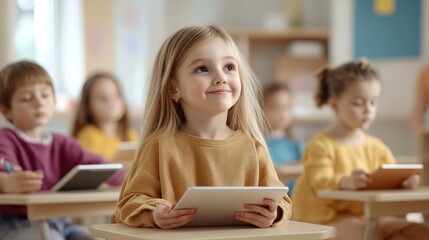 A cheerful girl with a tablet in a classroom, engaging with learning in a bright and modern educational environment.