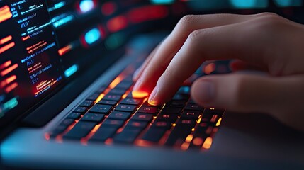 A close-up of a hand typing on a backlit keyboard, with glowing code on the screen, representing technology and programming.