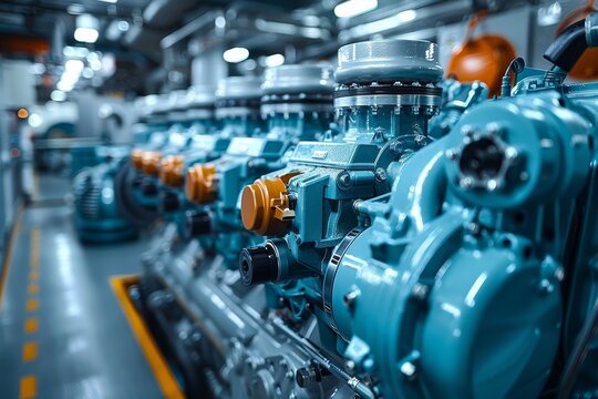 Close up view of a marine diesel engine  ship equipment and river vessel construction insights
