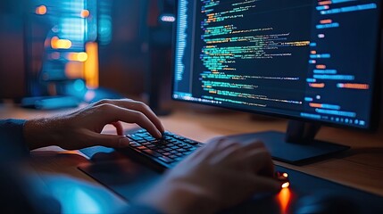 A close-up view of hands typing on a keyboard in front of a computer displaying vibrant code and programming data in a dark setting.