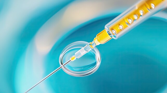 A close-up view of a syringe injecting liquid into a petri dish, showcasing precision in laboratory research.