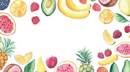Watercolor Illustration of Various Fruits  Vibrant and Fresh Fruit Collection in a Hand-painted Style border frame 

