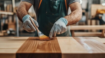 A craftsman applying varnish to a wooden surface, showcasing skill and attention to detail in woodworking and finish techniques.